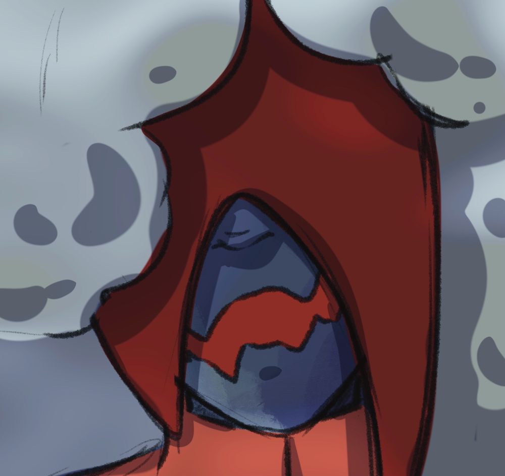 Person with blue skin and white hair like clouds, she wears a red mask covering her eyes 