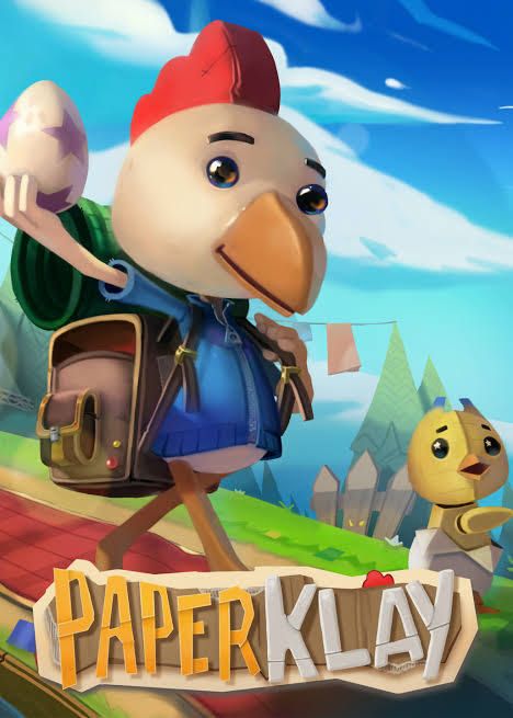 PaperKlay box art. A paper-made chicken, holding an egg, walking with a cardboard chick, along a cardboard world. 