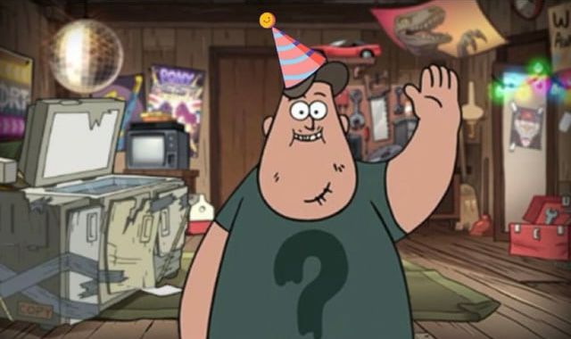 Soos from Gravity Falls wearing a party hat and waving. 