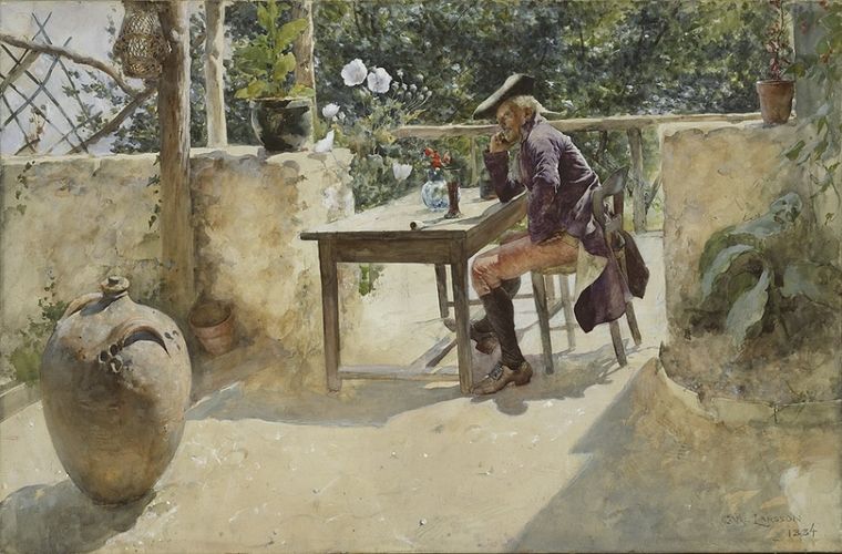The Vine can be interpreted as a light-hearted allegory of love – the woman harvests the grapes for the wine that intoxicates the man. With his great technical virtuosity, Carl Larsson was excellently equipped to succeed in the Neo-Rococo genre, which relied to a great extent on the ability to paint with illusory brilliance. The Vine was bought by Herman Friedländer when it was shown at the Opponent Exhibition Vid Seinens strand (On the Seine River Bank) in Stockholm in 1885. Friedländer later lent it to the World’s Fair in Paris in 1889.