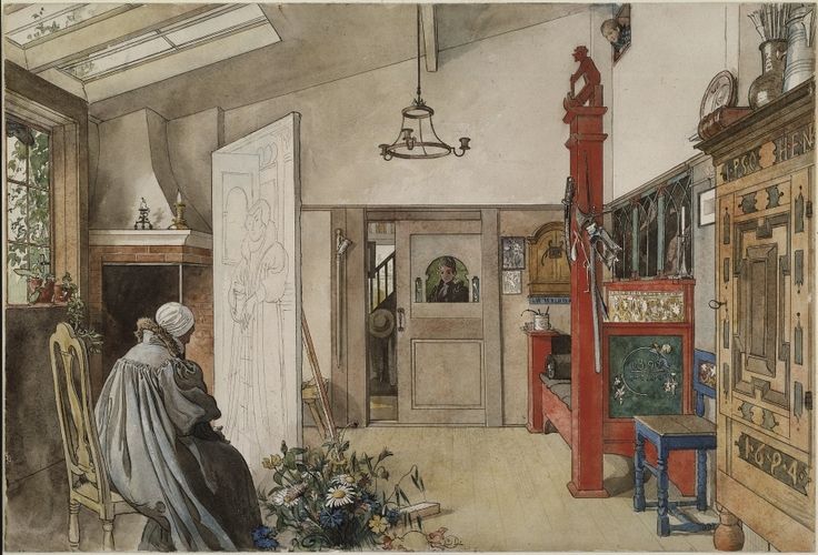 Carl and Karin Larsson combined new design with old traditions. Practicality dictated their interior design, but it was equally important that furniture and objects form an attractive harmony. This ideal was also propagated by others, including Ellen Key, who advocated homes that were in a new and light style, in her essay “Skönhet för alla” (Beauty for All) in 1899. The Larssons moved to Lilla Hyttnäs, a house in Sundborn, in the summer of 1889. Here, Carl and Karin together created the interiors that made their home famous. Karin designed the furniture and textiles, which she embroidered and wove. A studio was fitted up in one of the hallways. It features many eye-catching details, including the funny man crowning a column. When a larger studio extension was added, this room became a workshop for the whole family. The interiors of the Larsson home were characterised by rural simplicity. Nevertheless, every detail was carefully designed, with influences from England, Scotland and Japan. The kitchen, which was first and foremost a place for household chores, did not display the same modern interior style and comfort as the rest of the house