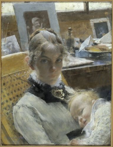 Karin Larsson has her daughter Suzanne in her lap. They are sitting in Carl’s studio. Apart from his major commissions, practically all his works depict subjects that are close to him. Close, as in his family or his home, his friends or their children. Karin Larsson was also an artist, but her husband’s pictures rarely depict her in that capacity. Their home in Sundborn was largely her creation, but in the paintings of that place she is almost exclusively portrayed as a mother and a wife.