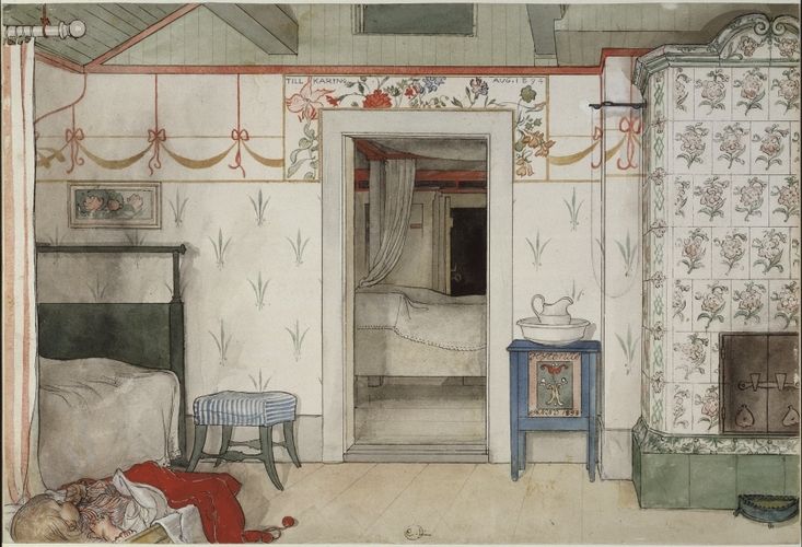 This ideal was also propagated by others, including Ellen Key, who advocated homes that were in a new and light style, in her essay “Skönhet för alla” (Beauty for All) in 1899. The Larssons moved to Lilla Hyttnäs, a house in Sundborn, in the summer of 1889. Here, Carl and Karin together created the interiors that made their home famous. Karin designed the furniture and textiles, which she embroidered and wove. A studio was fitted up in one of the hallways. It features many eye-catching details, including the funny man crowning a column. When a larger studio extension was added, this room became a workshop for the whole family. The interiors of the Larsson home were characterised by rural simplicity. Nevertheless, every detail was carefully designed, with influences from England, Scotland and Japan. The kitchen, which was first and foremost a place for household chores, did not display the same modern interior style and comfort as the rest of the house.