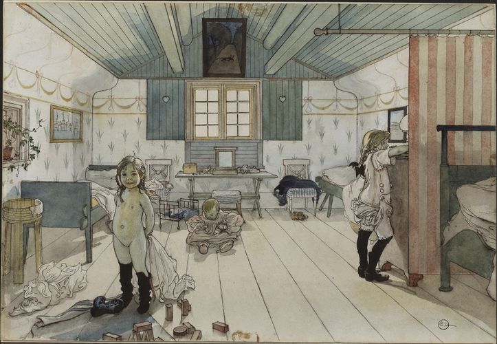Carl and Karin Larsson combined new design with old traditions. Practicality dictated their interior design, but it was equally important that furniture and objects form an attractive harmony. This ideal was also propagated by others, including Ellen Key, who advocated homes that were in a new and light style, in her essay “Skönhet för alla” (Beauty for All) in 1899. The Larssons moved to Lilla Hyttnäs, a house in Sundborn, in the summer of 1889. Here, Carl and Karin together created the interiors that made their home famous. Karin designed the furniture and textiles, which she embroidered and wove. A studio was fitted up in one of the hallways. It features many eye-catching details, including the funny man crowning a column. When a larger studio extension was added, this room became a workshop for the whole family. The interiors of the Larsson home were characterised by rural simplicity. Nevertheless, every detail was carefully designed, with influences from England, Scotland and Japan. The kitchen, which was first and foremost a place for household chores, did not display the same modern interior style and comfort as the rest of the house.