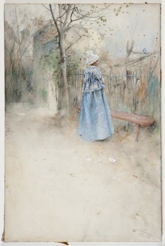 The figure in 18th century dress pandered to the taste for 18th century scenes that had become fashionable in French salon painting and is also found in other works by Carl Larsson from his Grez period, including The Vine and A Bite. The effect is slightly bizarre when combined with a landscape so distinctly in the plein-air realistic style. Nevertheless, Autumn is one of Carl Larsson’s finest watercolours, with its grey, misty landscape fading into thin, transparent hues behind the figure.