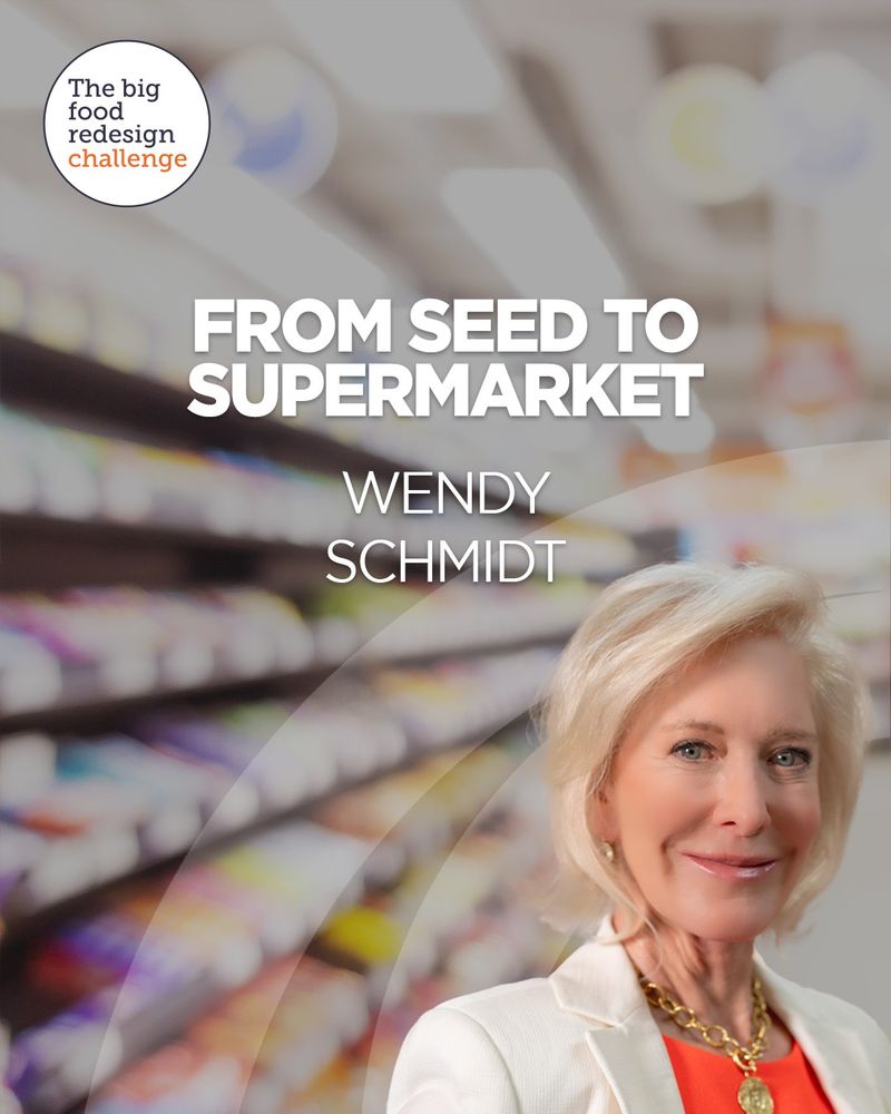 Wendy Schmidt's photo in the bottom right against a blurred backdrop of a grocery store aisle. The text reads: "From Seed to Supermarket: Wendy Schmidt." In the top left corner in a circle are the words "The big food redesign challenge."