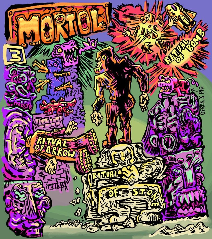 fan art of Mortol, logo is in upper left. back shot of an orange helmeted warrior. he performs the 3 rituals of sacrifice around him: standing on a frozen stone statue of himself (ritual of stone), horizontal, head embedded in a rock (ritual of arrow), exploding jumping from a ship (ritual of bomb). There are purple blocky pillars with faces around. an antlike creature, crazed pig, and dragon head that shoots enemy flies. several more figure are head-embedded in a background pillar, more "ritual of arrows".