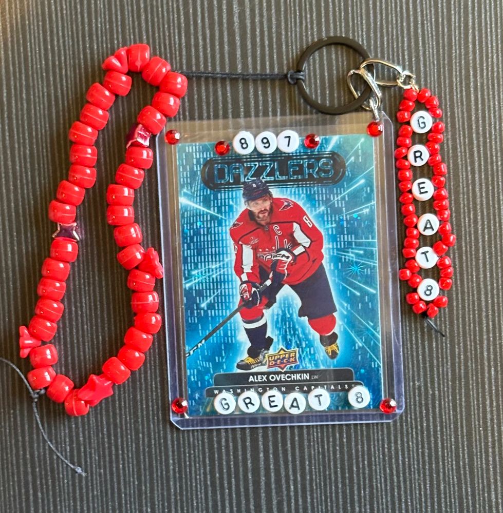Alex Ovechkin hockey card on a keychain 
