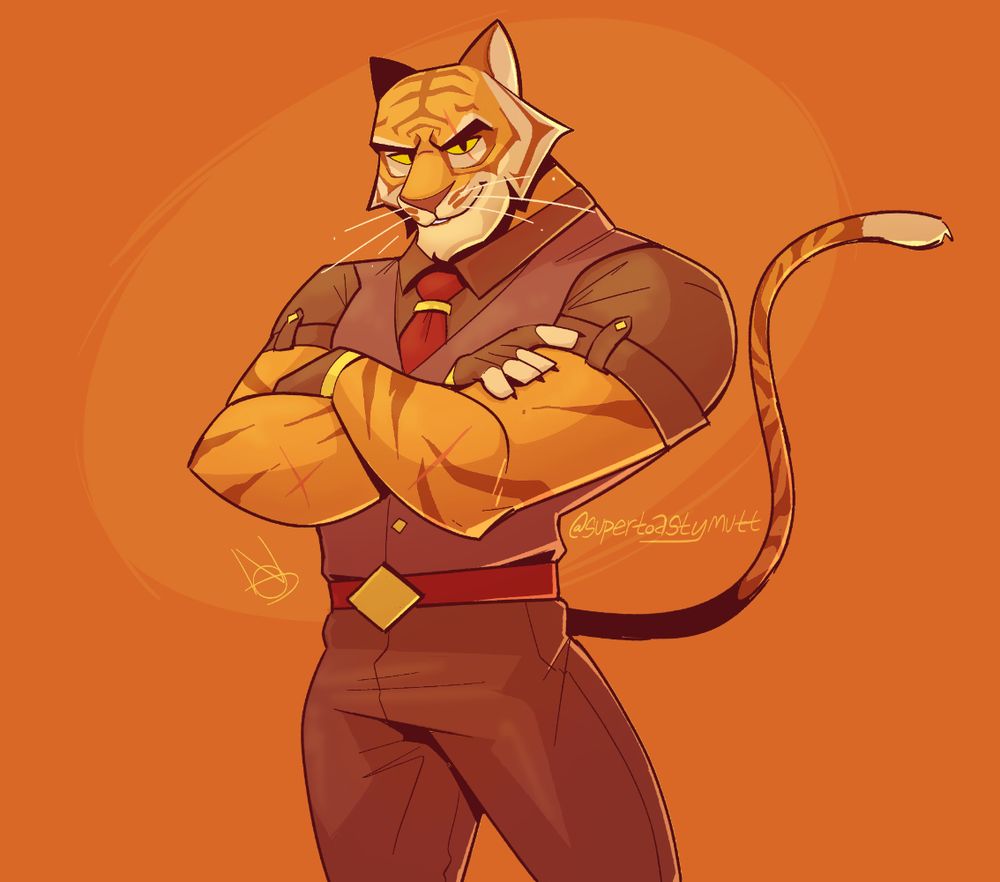 Oscar, the anthropomorphic tiger from hit game Fortnite, standing with arms crossed. 