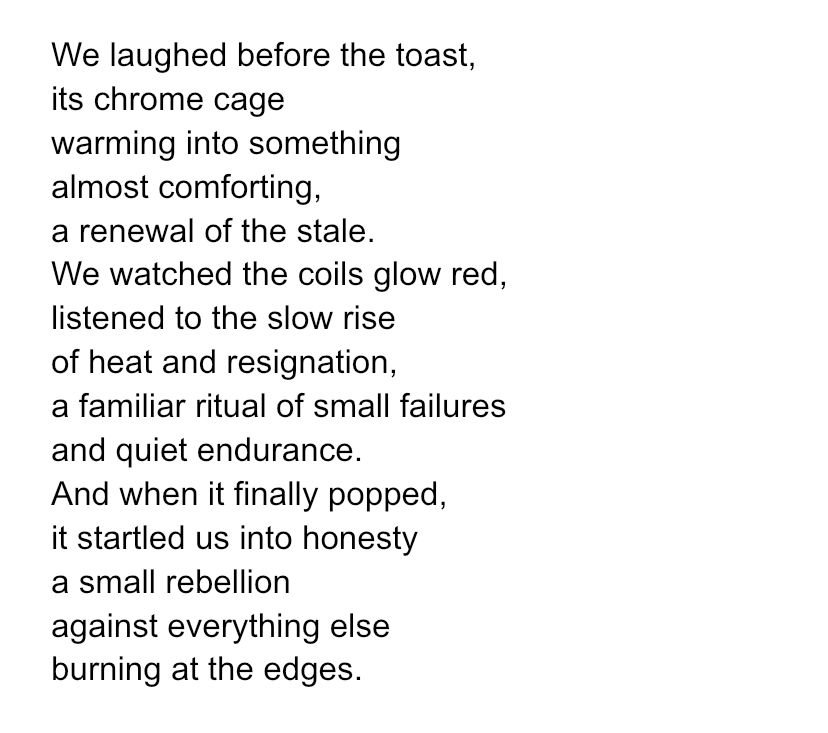 We laughed before the toast,
its chrome cage
warming into something
almost comforting,
a renewal of the stale.
We watched the coils glow red,
listened to the slow rise
of heat and resignation,
a familiar ritual of small failures
and quiet endurance.
And when it finally popped,
it startled us into honesty
a small rebellion
against everything else
burning at the edges.
