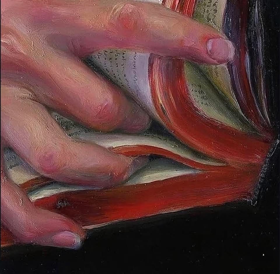 Painting of a woman’s fingers sliding into pages of a book. Painting is red letter no 8 by Jen Mazza