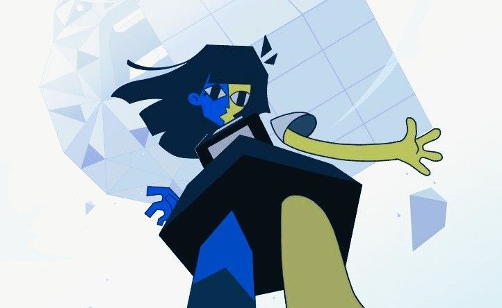 Official art by Joel Guerra of ENA looking down at the viewer from a bottom up perspective, as rain rocks fall down above her.