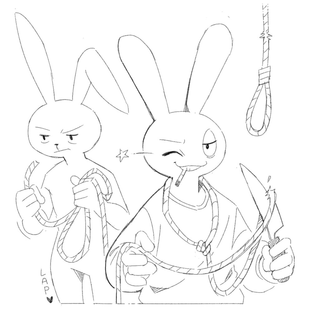 Two anthropomorphic rabbits. One in the background is tying rope into a noose. The other, in the foreground, has a noose around their neck but is weakening the rope with a knife while winking at the viewer