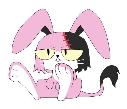 A strange pink rabbit with cat eyes