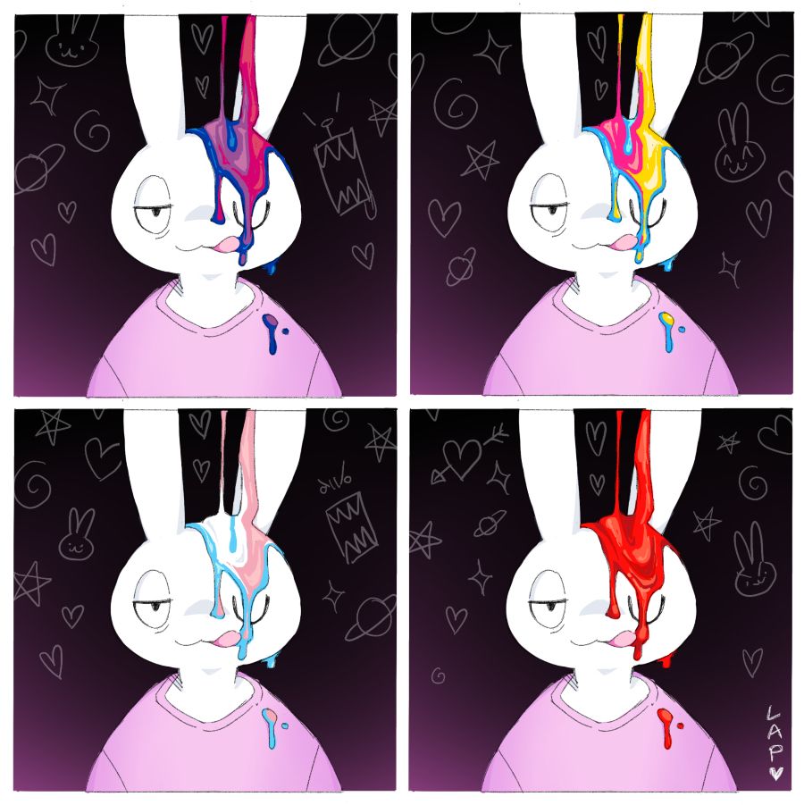 An anthropomorphic rabbit with a thick fluid being poured onto them that is coloured like the bisexual pride flag, the pansexual pride flag, the trans pride flag and blood 