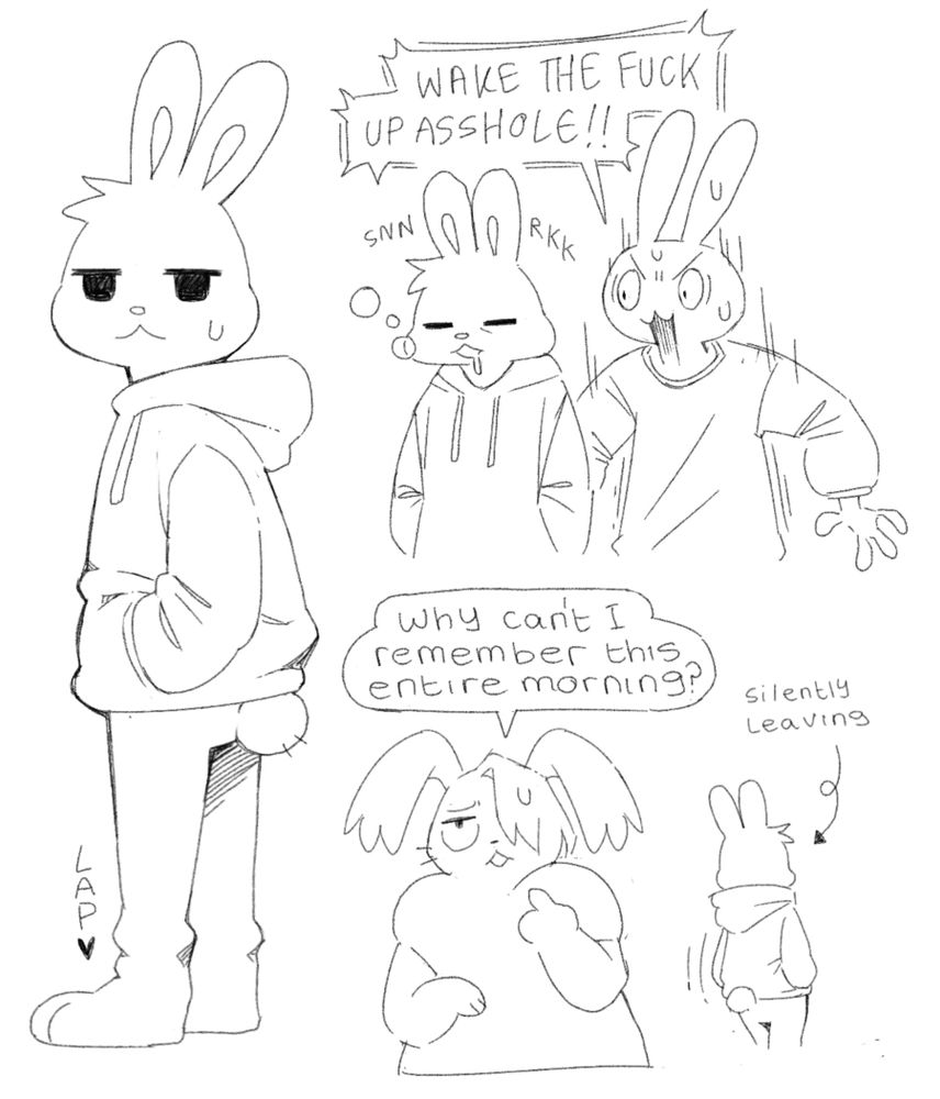 Sketches of anthropomorphic rabbits. In one Art is screaming “WAKE THE FUCK UP ASSHOLE” at an as of yet unnamed rabbit. In another Lye is wondering “why can’t I remember this entire morning?” as the unnamed rabbit silently wanders off