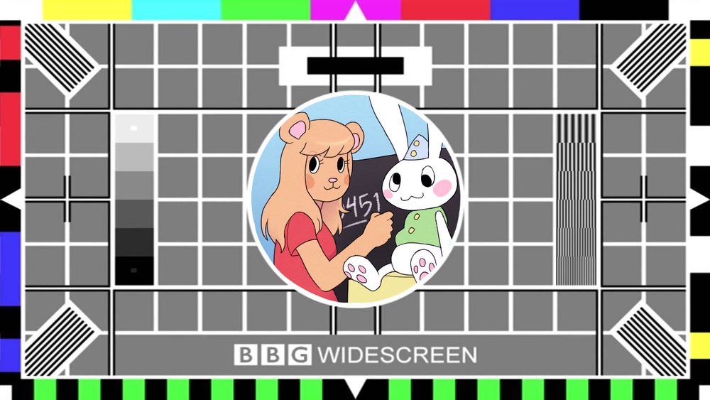 The BBC test card, but the girl is an anthropomorphic bear and the toy clown is a bunny. The bear is writing “0451” on the chalkboard