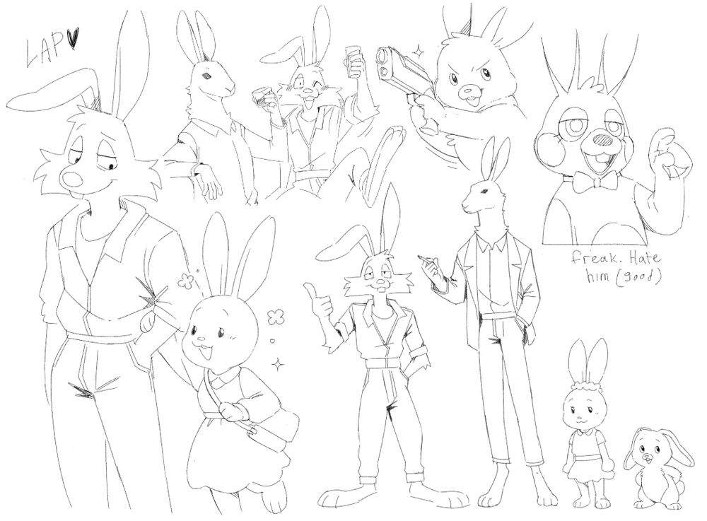 Sketches of anthropomorphic rabbits in various styles