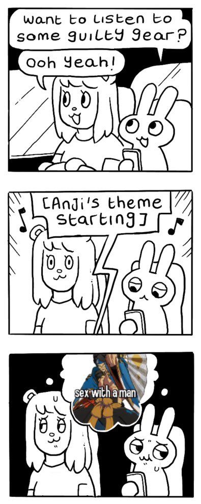 Bear and bun are in the car. Bun asks “want to listen to some guilty gear?” And bear replies “ooh yeah!” Anji’s theme begins to play and they both simultaneously think about an image of Anji with the words “sex with a man” superimposed over it