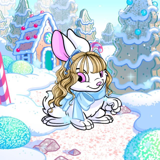 A white bunny with blonde pigtails and a big blue bow. She is so perfect
