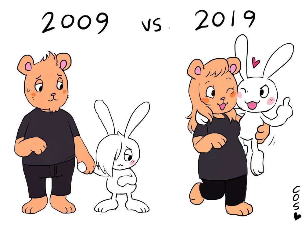 Bear & Bun in 2009 (pre transition, both shy) vs in 2019 (happier, bear has transitioned, bun has become more confident)