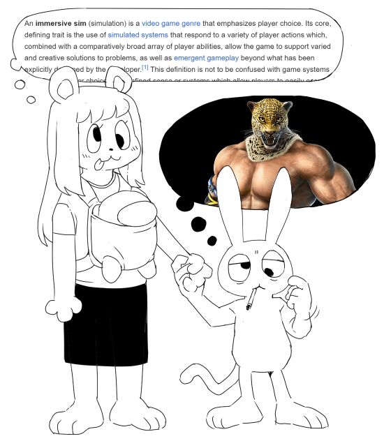 An anthropomorphic bear and bunny. The bear is wearing a baby papoose with an amogus in it and is thinking the Wikipedia article for imsim games, the bunny is smoking a cigarette and thinking about king from Tekken 