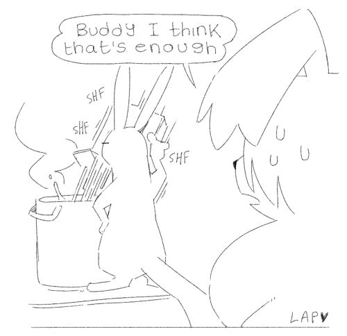 Nib is pouring an irresponsible amount of pasta into a boiling pot. Lye watches nervously and says “buddy I think that’s enough”