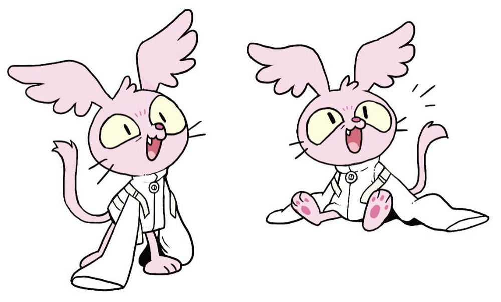 A pink creature with big yellow eyes wearing a straight jacket