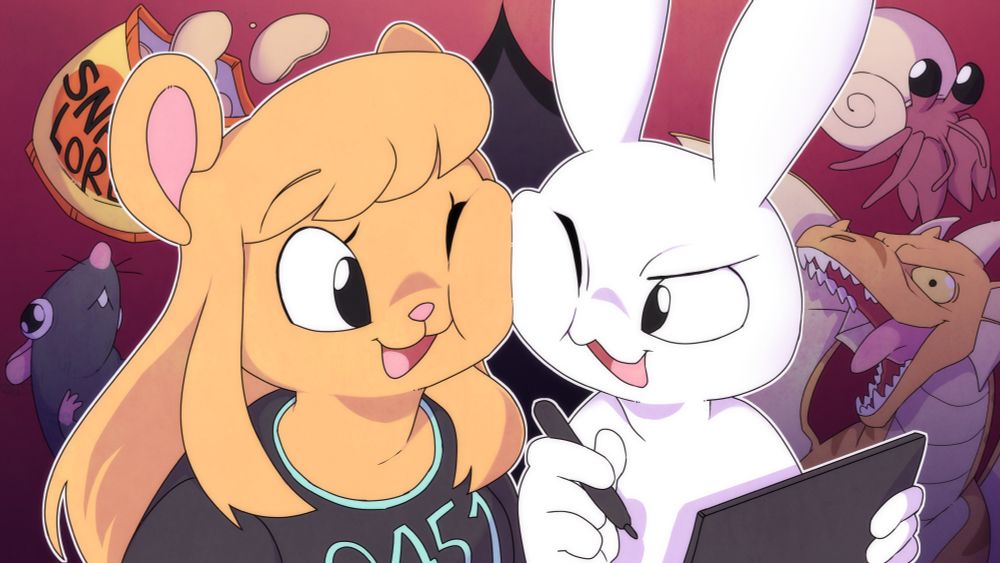 An anthropomorphic bear and bunny squishing their cheeks together. Behind them is a rat, a hermit crab, a bag of crisps that says “snack lore” and a silly dragon