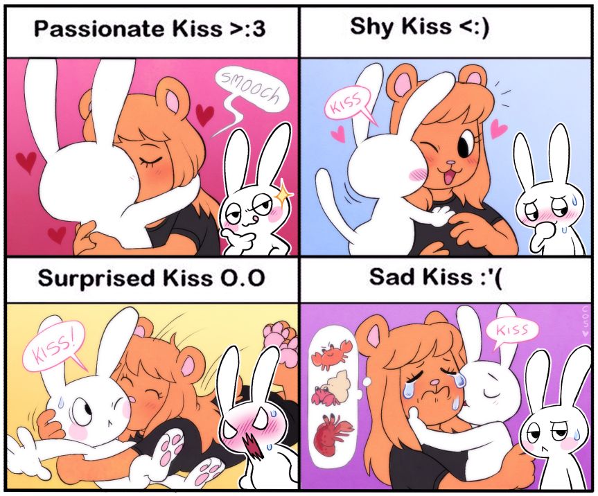 Passionate kiss: both bear and bun smooch
Shy kiss: bun gives bear a peck on the cheek
Surprised kiss: bear surprises bun
Sad kiss: bear is crying because she is thinking about crabs, and bun is consoling her