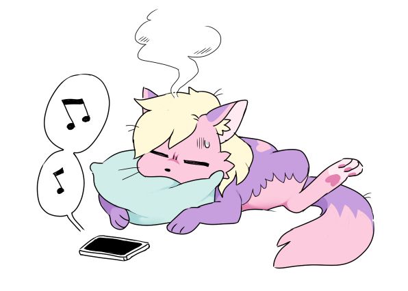A furry creature relaxes and decompresses while listening to music playing from a phone