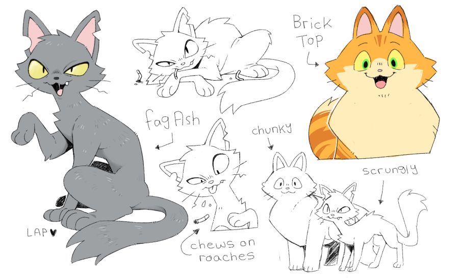 Two cats, a scrungly one called Fag Ash (in the UK cigarettes are referred to as fags) and a chunky one called Brick Top