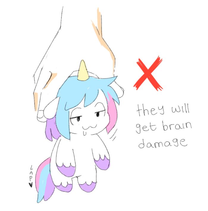 A chibi unicorn character is being held by their head. Text reads “they will get brain damage”