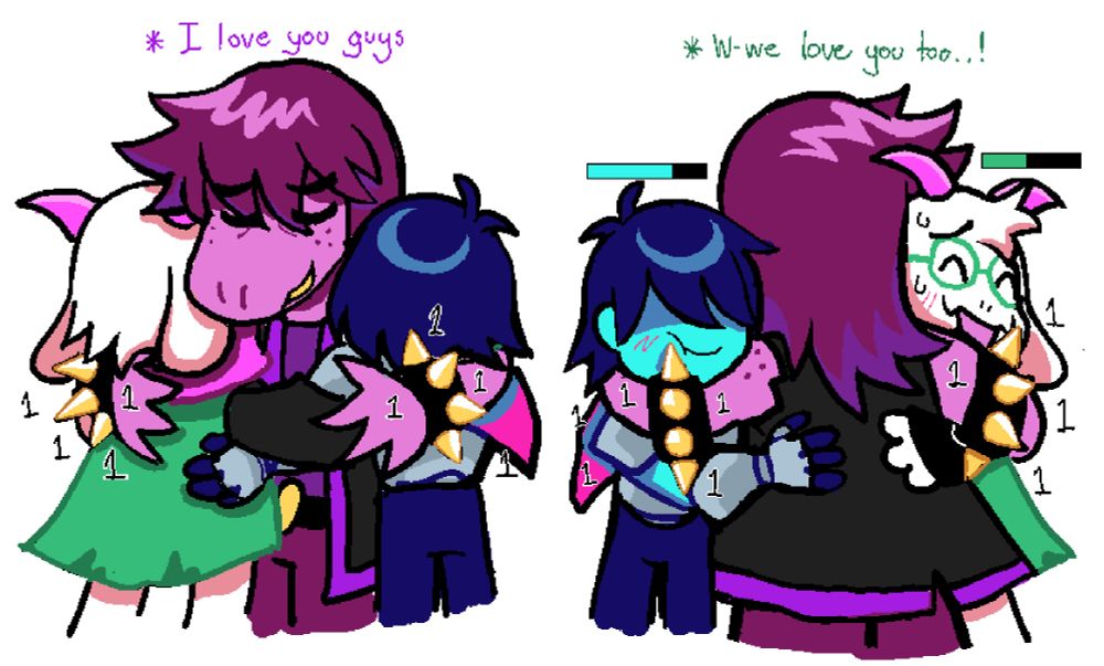 Art of Susie hugging Ralsei and Kris while they receive chip damage from her spike bands