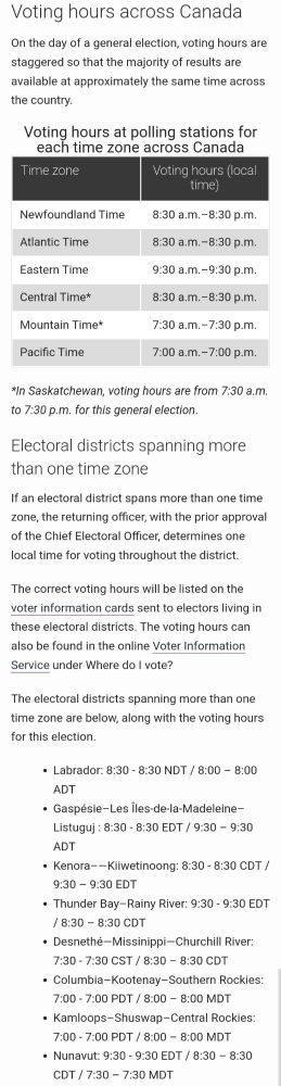 Voting hours across Canada
On the day of a general election, voting hours are staggered so that the majority of results are available at approximately the same time across the country.
Voting hours at polling stations for each time zone across CanadaTime zoneVoting hours (local time)Newfoundland Time8:30 a.m.–8:30 p.m.Atlantic Time8:30 a.m.–8:30 p.m.Eastern Time9:30 a.m.–9:30 p.m.Central Time*8:30 a.m.–8:30 p.m.Mountain Time*7:30 a.m.–7:30 p.m.Pacific Time7:00 a.m.–7:00 p.m.
*In Saskatchewan, voting hours are from 7:30 a.m. to 7:30 p.m. for this general election.
Electoral districts spanning more than one time zone
If an electoral district spans more than one time zone, the returning officer, with the prior approval of the Chief Electoral Officer, determines one local time for voting throughout the district.
The correct voting hours will be listed on the voter information cards sent to electors living in these electoral districts. The voting hours can also be found in the online Voter Information Service under Where do I vote?
The electoral districts spanning more than one time zone are below, along with the voting hours for this election.
• Labrador: 8:30 - 8:30 NDT / 8:00 – 8:00 ADT
• Gaspésie–Les Îles-de-la-Madeleine–Listuguj : 8:30 - 8:30 EDT / 9:30 – 9:30 ADT
• Kenora–—Kiiwetinoong: 8:30 - 8:30 CDT / 9:30 – 9:30 EDT
• Thunder Bay–Rainy River: 9:30 - 9:30 EDT / 8:30 – 8:30 CDT
• Desnethé—Missinippi—Churchill River: 7:30 - 7:30 CST / 8:30 – 8:30 CDT
• Columbia–Kootenay–Southern Rockies: 7:00 - 7:00 PDT / 8:00 – 8:00 MDT
• Kamloops–Shuswap–Central Rockies: 7:00 - 7:00 PDT / 8:00 – 8:00 MDT
• Nunavut: 9:30 - 9:30 EDT / 8:30 – 8:30 CDT / 7:30 – 7:30 MDT
