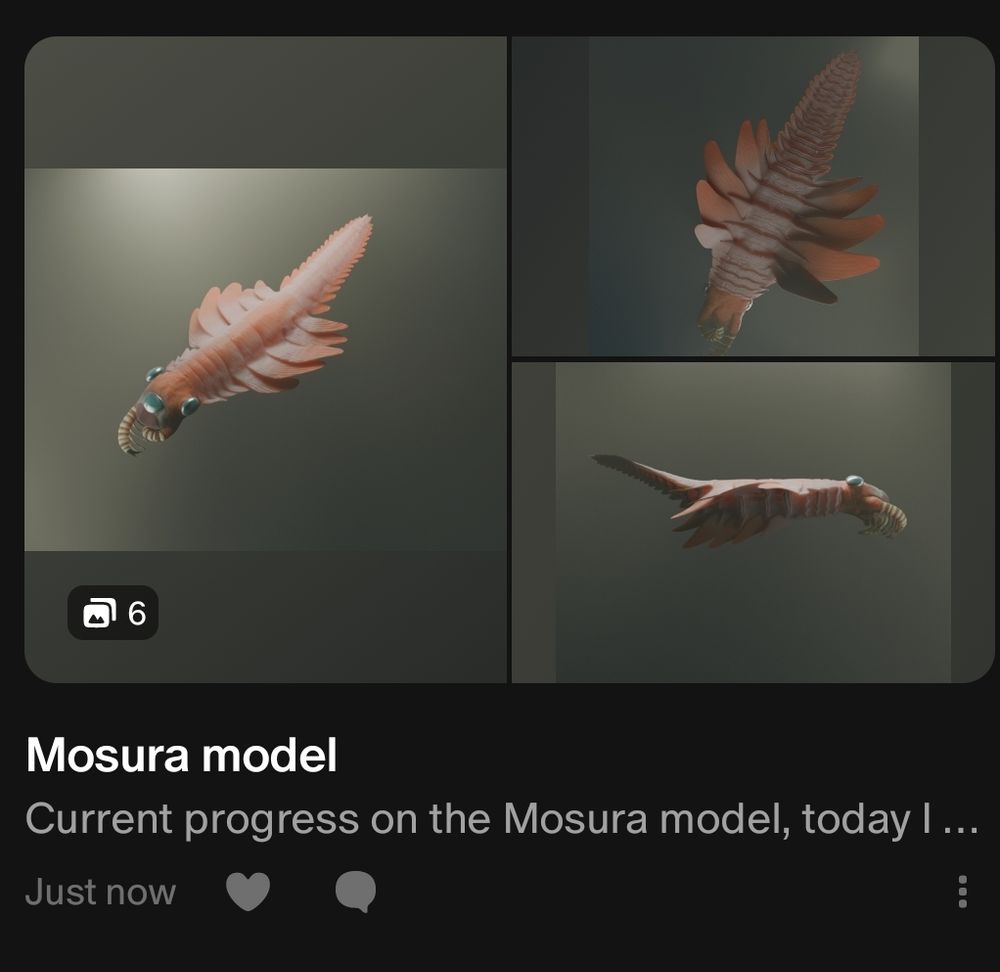 Screenshot of a Patreon post showing the WIP of a Mosura 3D model, mosura is a radiodont like anomalocaris