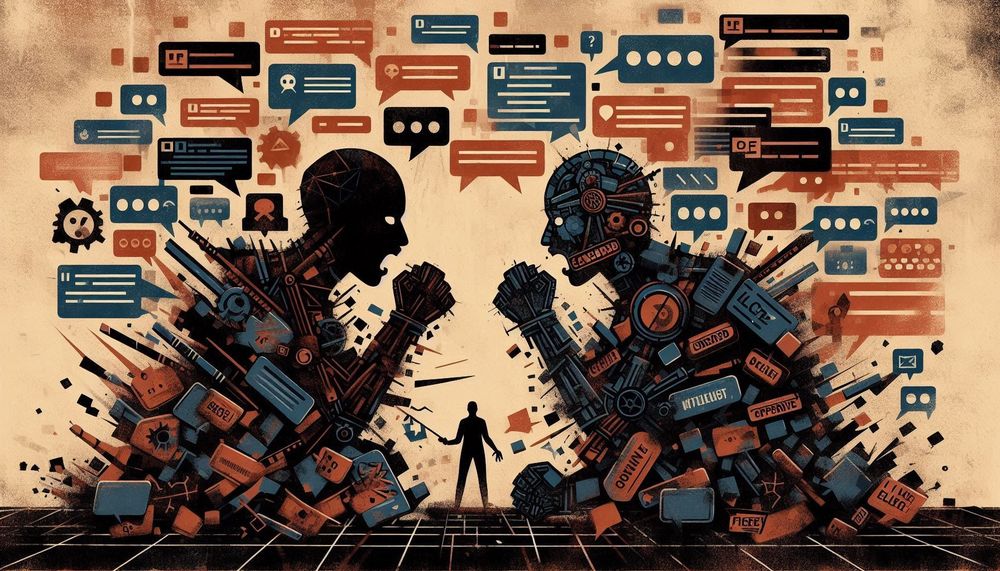 Brutalist, graphic-novel-style illustration, muted, earthy color palette, deep ochre, slate blue, charcoal. A chaotic social media debate on fragmented speech bubbles, some censored, others highlighted in red. A mechanical moderator, cold and rigid, clashes with a human moderator, expressive and conflicted, both struggling to define 'offensive'. background hints at political discourse, silhouettes of clashing ideologies