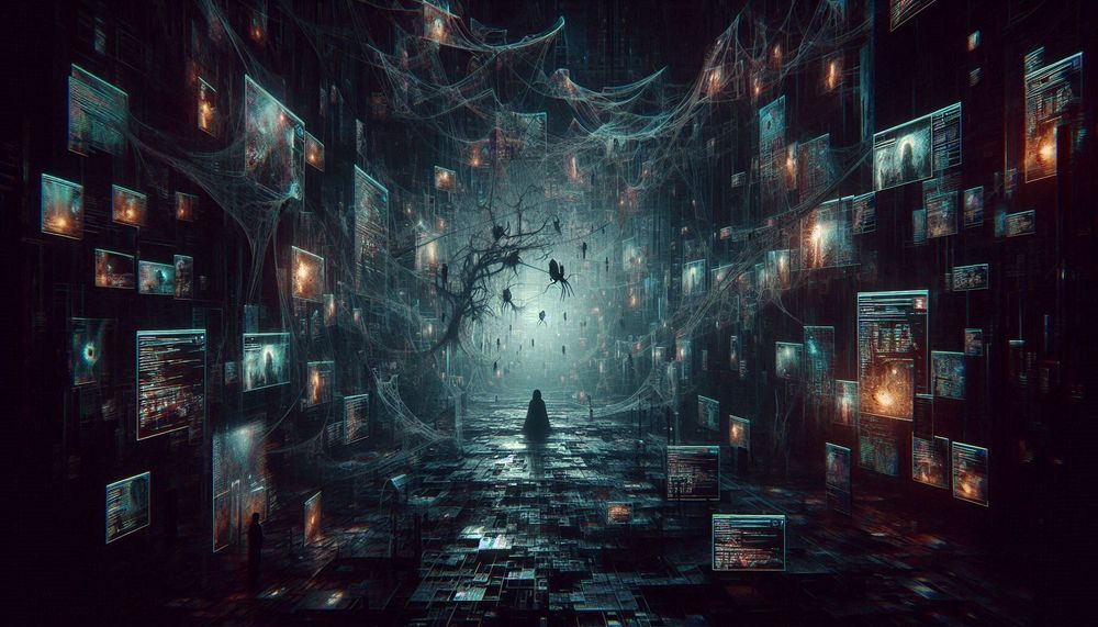 An abstract, surreal digital artwork of dark, eerie cyberspace. A web of glowing screens and ghostly figures emerges from shadowy code, evoking horror forums like 'creepypasta' and 'r/nosleep.' The environment feels disorienting and spectral, blending the digital and the uncanny, with faint echoes of familiar landmarks or everyday objects rendered unsettling and unrecognizable, as the scene blends muted color with neon accents, creating a haunting, dreamlike atmosphere.