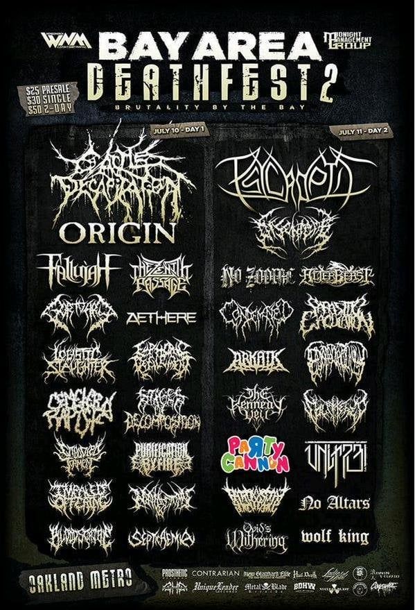 A list of band names on a poster. The logo for one called Party Cannon looks very out of place.
