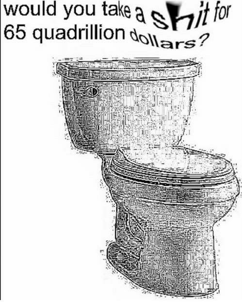 Meme of a toilet with the caption "would you take a shit for 65 quadrillion dollars?" it is a bit distorted.