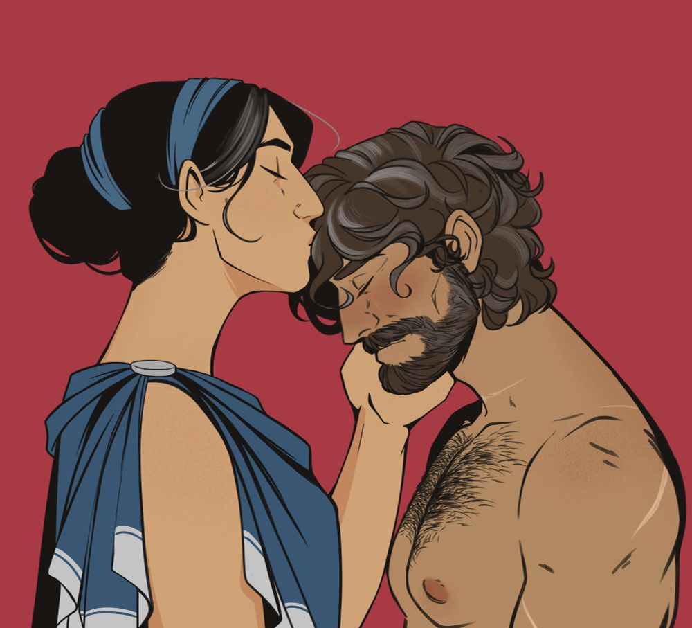 A tall, regal woman kisses the forehead of a short, haggard man, comforting him. Both of them have grey in their hair. It is Odysseus and Penelope.