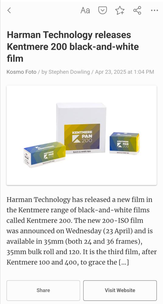 Screenshot of news from Kosmo Foto about a new film from Harman/Ilford... Possibly a leak from Kosmo 