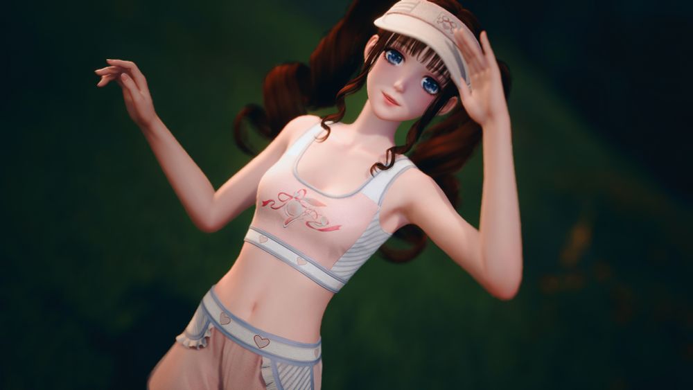 Infinity Nikki screenshot where she is a pink and white athletic outfit. She is wearing a sports bra, shorts and visor. Her hair is long, brown twintails. She is posing by placing one hand near her eyes, almost like shading her eyes from the sun.
