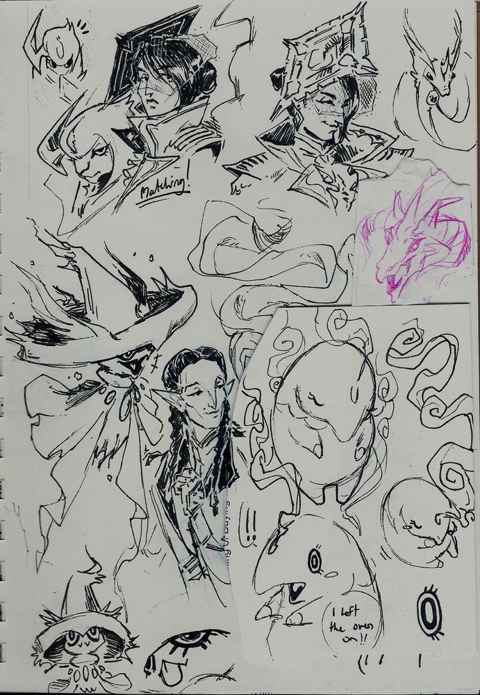 A sketchbook page of inked drawings 
The top half of the page has a couple Neve Gallus busts with an Absol and Dragonair on either side of them

The bottom half has Segwin Ingellvar surrounded by Mismagius and Musharna drawings

+a torn notepad square with a random dragon head, for no apparent reason
