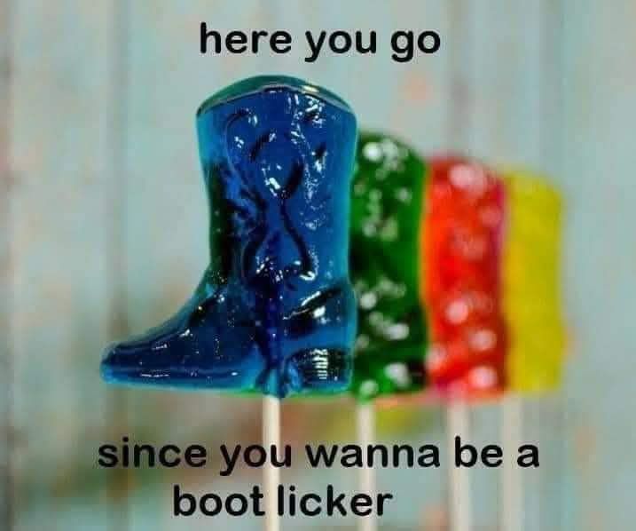This meme has an image of brightly coloured, cowboy boot shaped lollipops.  The front lollipop is blue, with green, red, and yellow lollipops lined up behind it.

The text of this meme reads: 
"here you go
since you wanna be a boot licker"