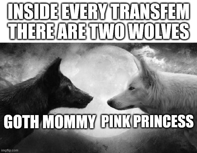 Inside every transfem there are two wolves: Goth mommy and pink princess