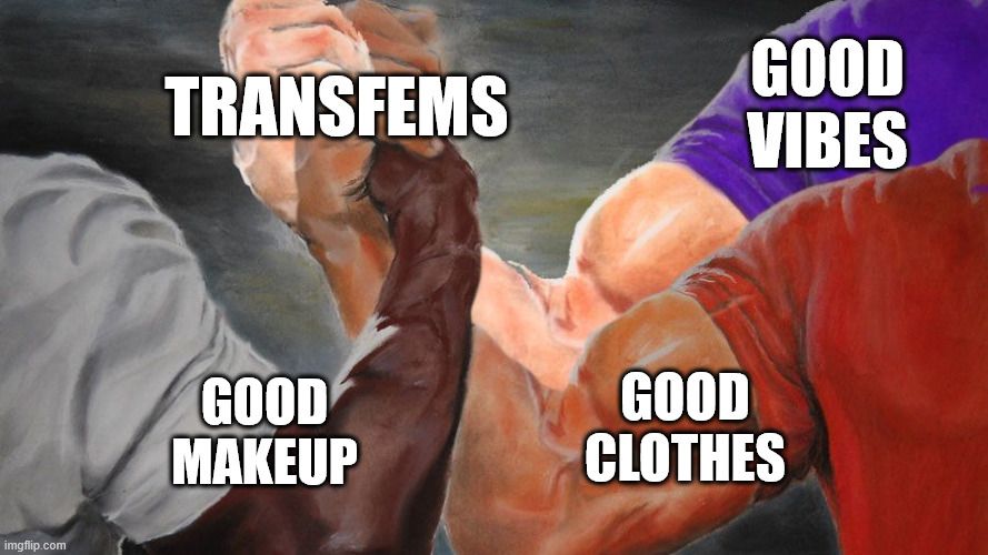 The meme depicts good clothes good makeup and good vibes coming together to form transfems!