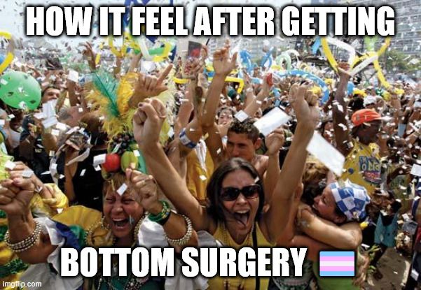 The meme shows the feeling of getting bottom surgery as represented by a crowd cheering.