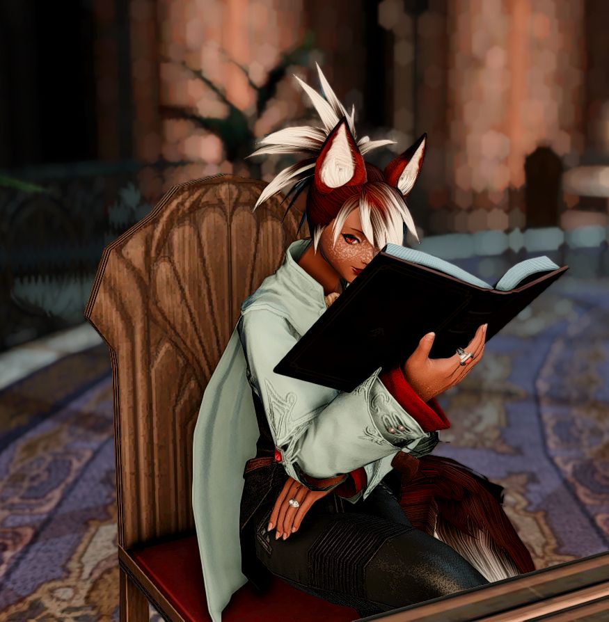 Tei, dressed for the rainy day in a pale green jacket, and black pants, reads in the Cabinet of Curiosity in the Crystarium