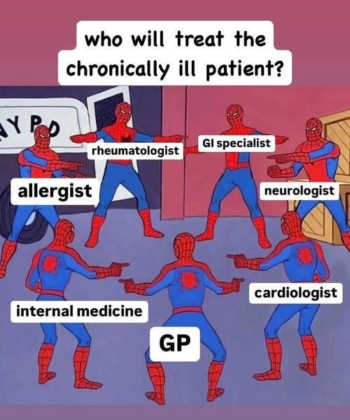 Who will treat the chronically ill patient?
A circle of specialists passing you on to the next. 